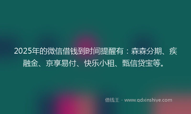 2025年的微信借钱到时间提醒有：森森分期、疾融金、京享易付、快乐小租、甄信贷宝等。