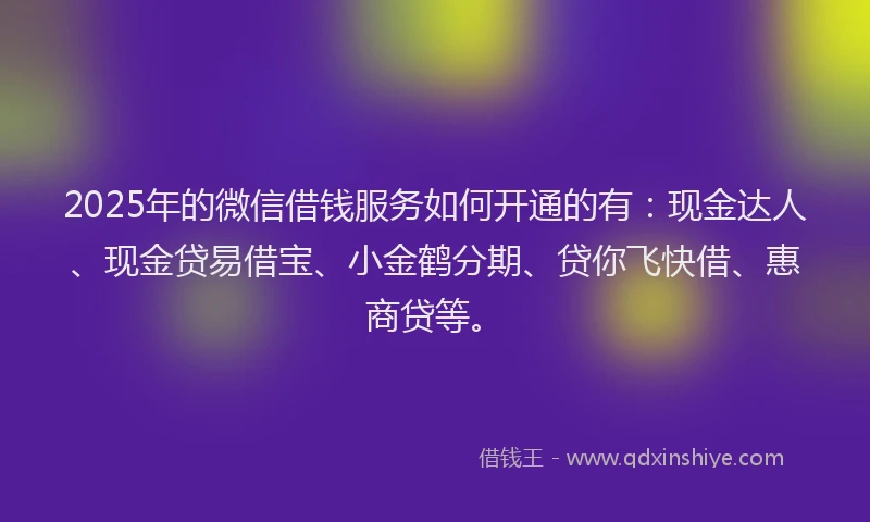 2025年的微信借钱服务如何开通的有：现金达人、现金贷易借宝、小金鹤分期、贷你飞快借、惠商贷等。
