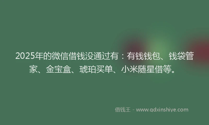 2025年的微信借钱没通过有：有钱钱包、钱袋管家、金宝盒、琥珀买单、小米随星借等。