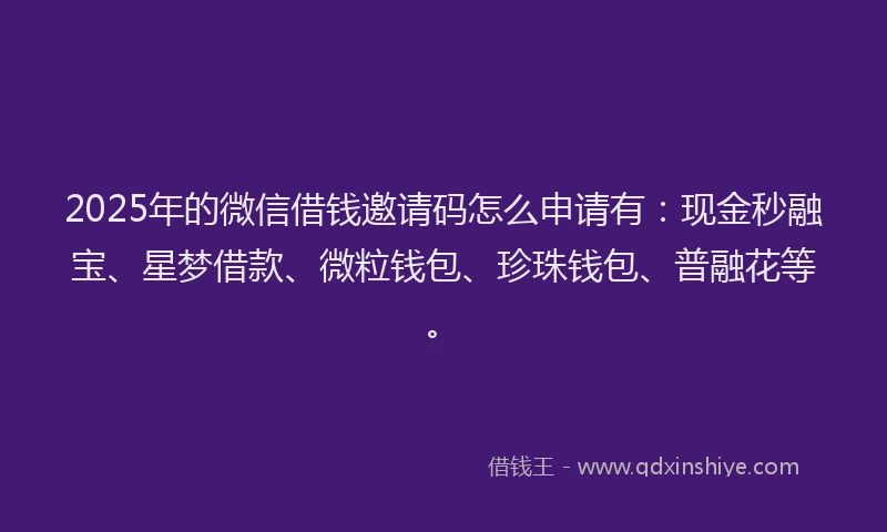 2025年的微信借钱邀请码怎么申请有：现金秒融宝、星梦借款、微粒钱包、珍珠钱包、普融花等。