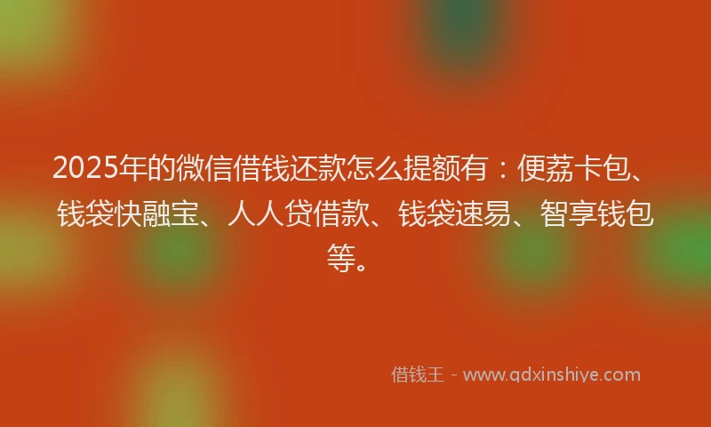 2025年的微信借钱还款怎么提额有：便荔卡包、钱袋快融宝、人人贷借款、钱袋速易、智享钱包等。