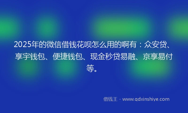 2025年的微信借钱花呗怎么用的啊有：众安贷、享宇钱包、便捷钱包、现金秒贷易融、京享易付等。