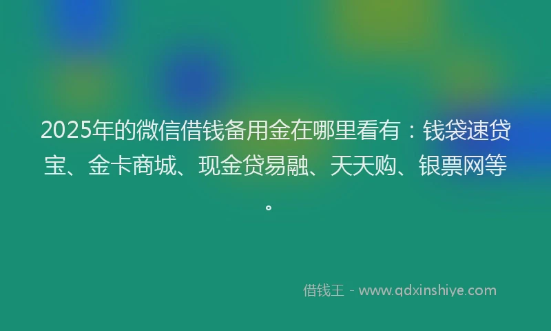 2025年的微信借钱备用金在哪里看有：钱袋速贷宝、金卡商城、现金贷易融、天天购、银票网等。