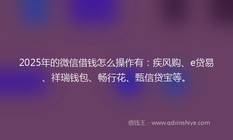 2025年的微信借钱怎么操作有：疾风购、e贷易、祥瑞钱包、畅行花、甄信贷宝等。