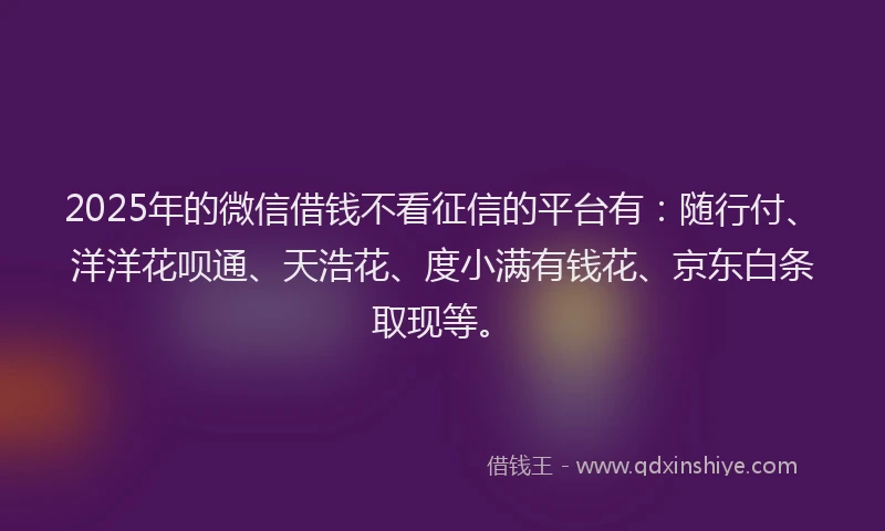 2025年的微信借钱不看征信的平台有：随行付、洋洋花呗通、天浩花、度小满有钱花、京东白条取现等。