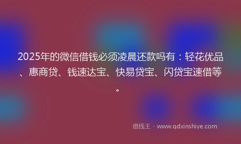 2025年的微信借钱必须凌晨还款吗有：轻花优品、惠商贷、钱速达宝、快易贷宝、闪贷宝速借等。