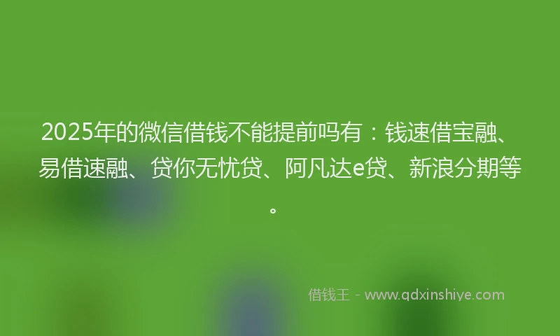 2025年的微信借钱不能提前吗有：钱速借宝融、易借速融、贷你无忧贷、阿凡达e贷、新浪分期等。