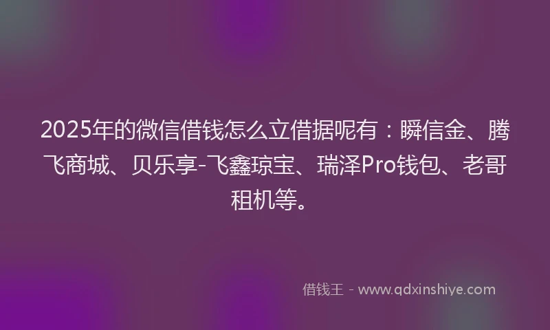 2025年的微信借钱怎么立借据呢有：瞬信金、腾飞商城、贝乐享-飞鑫琼宝、瑞泽Pro钱包、老哥租机等。