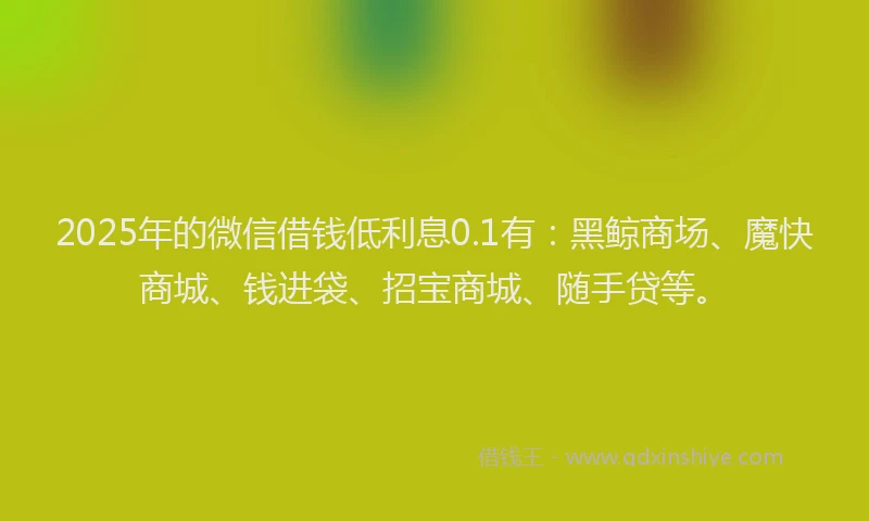 2025年的微信借钱低利息0.1有：黑鲸商场、魔快商城、钱进袋、招宝商城、随手贷等。