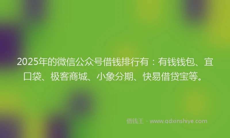 2025年的微信公众号借钱排行有：有钱钱包、宜口袋、极客商城、小象分期、快易借贷宝等。