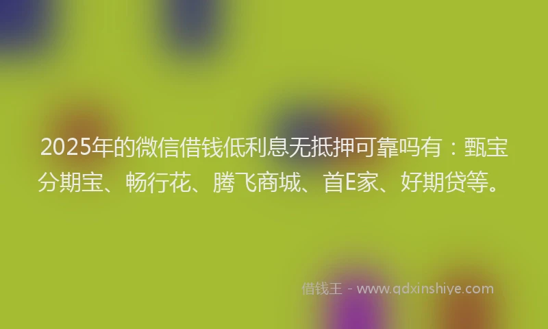 2025年的微信借钱低利息无抵押可靠吗有：甄宝分期宝、畅行花、腾飞商城、首E家、好期贷等。