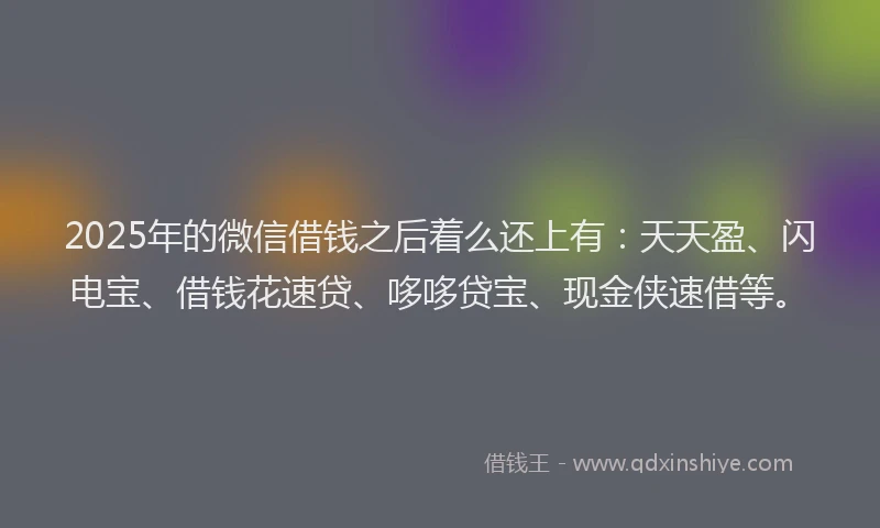 2025年的微信借钱之后着么还上有：天天盈、闪电宝、借钱花速贷、哆哆贷宝、现金侠速借等。