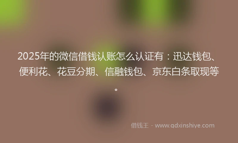 2025年的微信借钱认账怎么认证有：迅达钱包、便利花、花豆分期、信融钱包、京东白条取现等。