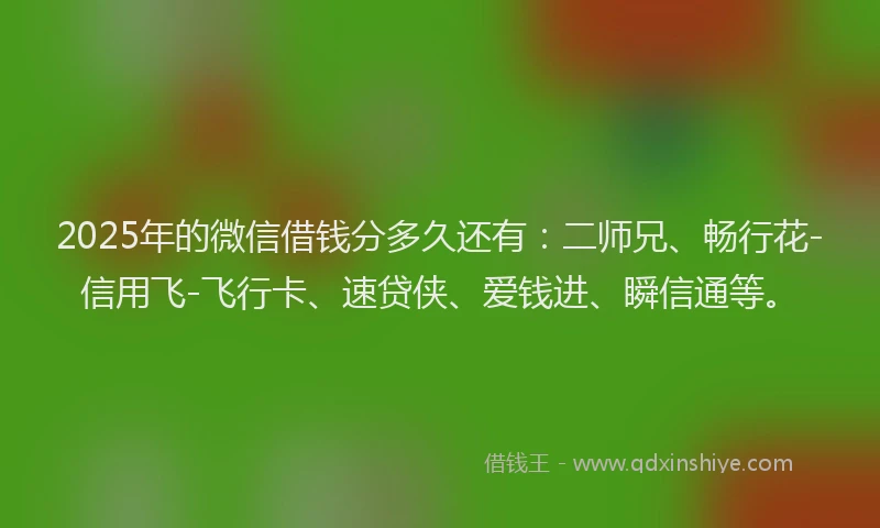 2025年的微信借钱分多久还有：二师兄、畅行花-信用飞-飞行卡、速贷侠、爱钱进、瞬信通等。