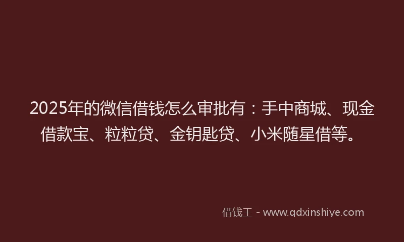 2025年的微信借钱怎么审批有：手中商城、现金借款宝、粒粒贷、金钥匙贷、小米随星借等。