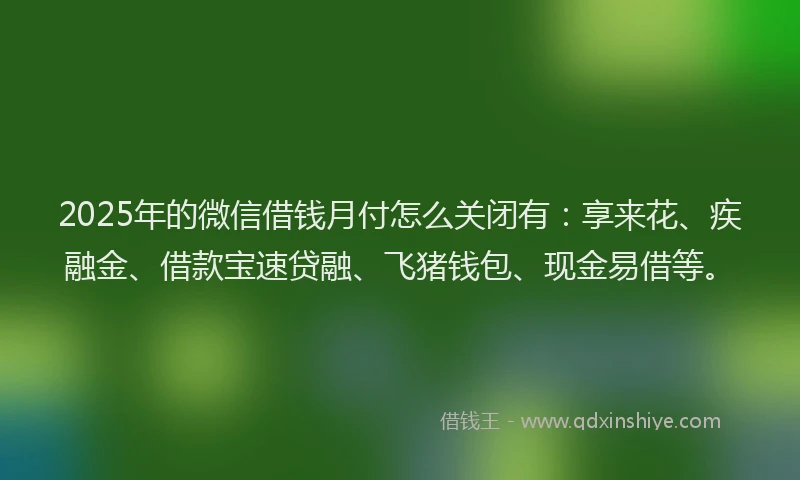 2025年的微信借钱月付怎么关闭有：享来花、疾融金、借款宝速贷融、飞猪钱包、现金易借等。