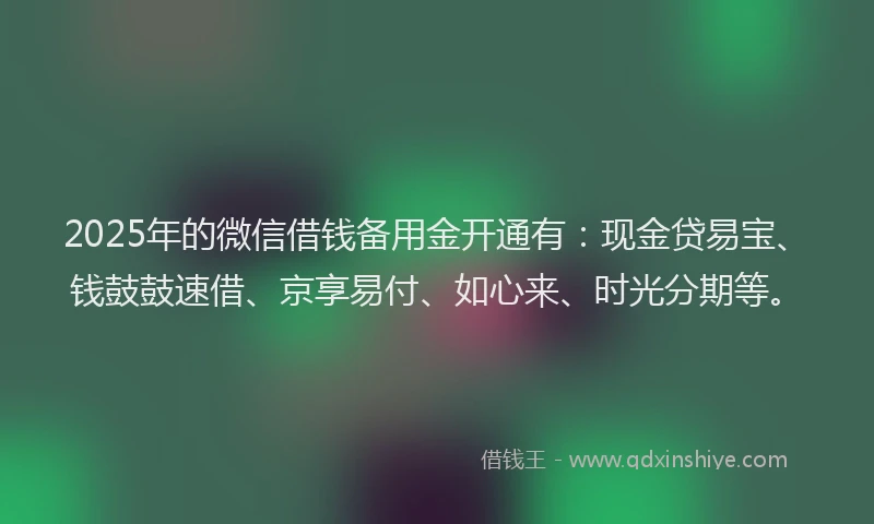 2025年的微信借钱备用金开通有：现金贷易宝、钱鼓鼓速借、京享易付、如心来、时光分期等。
