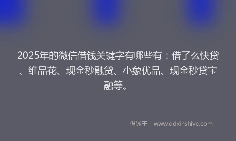 2025年的微信借钱关键字有哪些有：借了么快贷、维品花、现金秒融贷、小象优品、现金秒贷宝融等。
