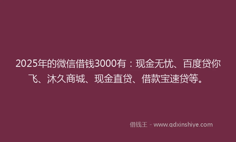 2025年的微信借钱3000有：现金无忧、百度贷你飞、沐久商城、现金直贷、借款宝速贷等。