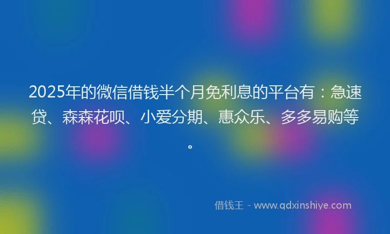 2025年的微信借钱半个月免利息的平台有：急速贷、森森花呗、小爱分期、惠众乐、多多易购等。