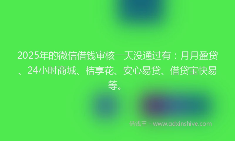 2025年的微信借钱审核一天没通过有：月月盈贷、24小时商城、桔享花、安心易贷、借贷宝快易等。