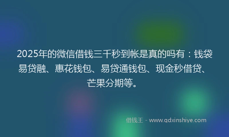 2025年的微信借钱三千秒到帐是真的吗有：钱袋易贷融、惠花钱包、易贷通钱包、现金秒借贷、芒果分期等。