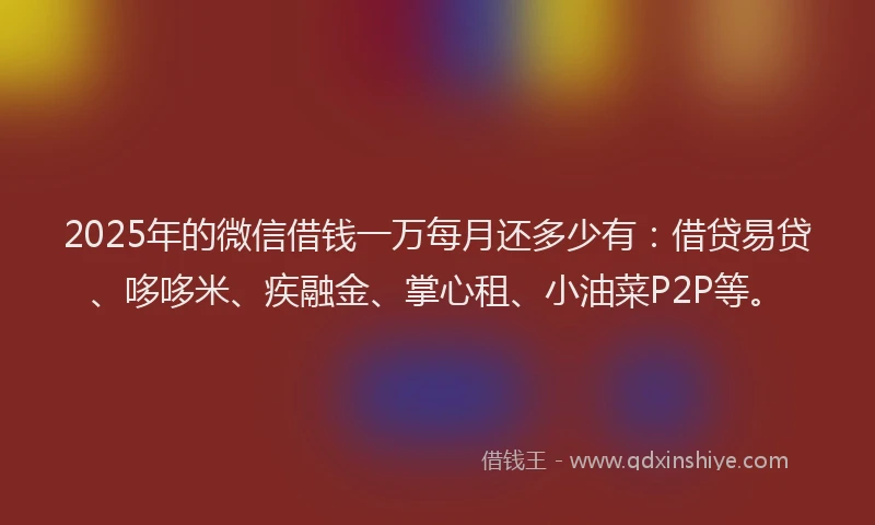 2025年的微信借钱一万每月还多少有：借贷易贷、哆哆米、疾融金、掌心租、小油菜P2P等。