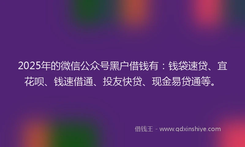 2025年的微信公众号黑户借钱有：钱袋速贷、宜花呗、钱速借通、投友快贷、现金易贷通等。