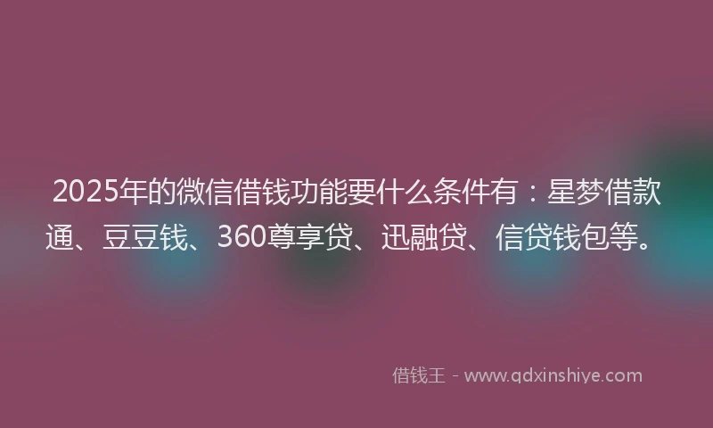 2025年的微信借钱功能要什么条件有：星梦借款通、豆豆钱、360尊享贷、迅融贷、信贷钱包等。