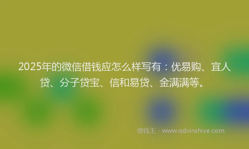 2025年的微信借钱应怎么样写有：优易购、宜人贷、分子贷宝、信和易贷、金满满等。