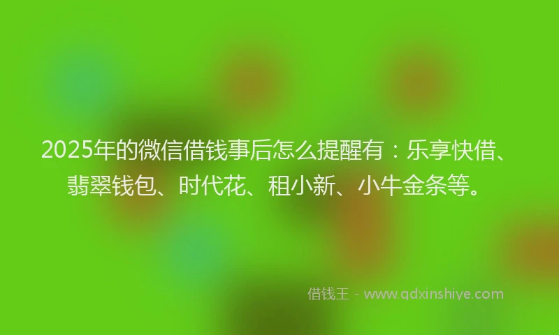 2025年的微信借钱事后怎么提醒有：乐享快借、翡翠钱包、时代花、租小新、小牛金条等。