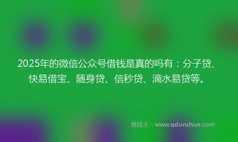 2025年的微信公众号借钱是真的吗有：分子贷、快易借宝、随身贷、信秒贷、滴水易贷等。