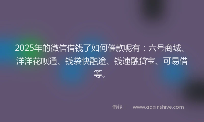 2025年的微信借钱了如何催款呢有：六号商城、洋洋花呗通、钱袋快融途、钱速融贷宝、可易借等。