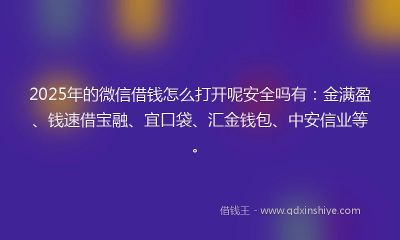 2025年的微信借钱怎么打开呢安全吗有：金满盈、钱速借宝融、宜口袋、汇金钱包、中安信业等。