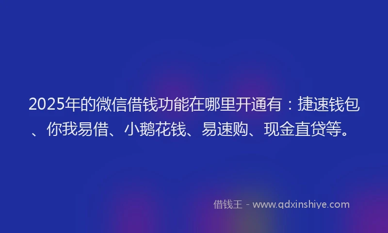 2025年的微信借钱功能在哪里开通有：捷速钱包、你我易借、小鹅花钱、易速购、现金直贷等。