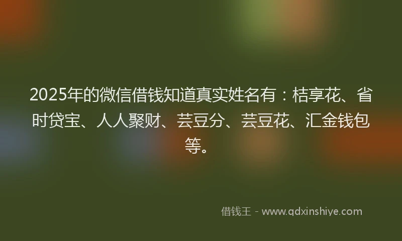 2025年的微信借钱知道真实姓名有：桔享花、省时贷宝、人人聚财、芸豆分、芸豆花、汇金钱包等。