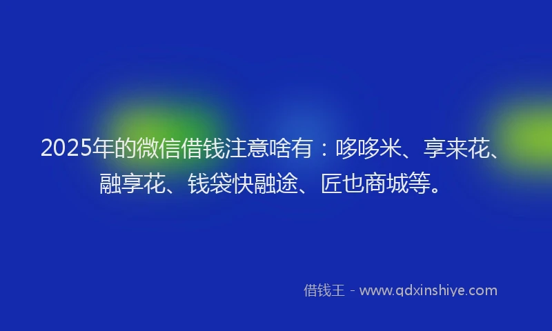 2025年的微信借钱注意啥有：哆哆米、享来花、融享花、钱袋快融途、匠也商城等。