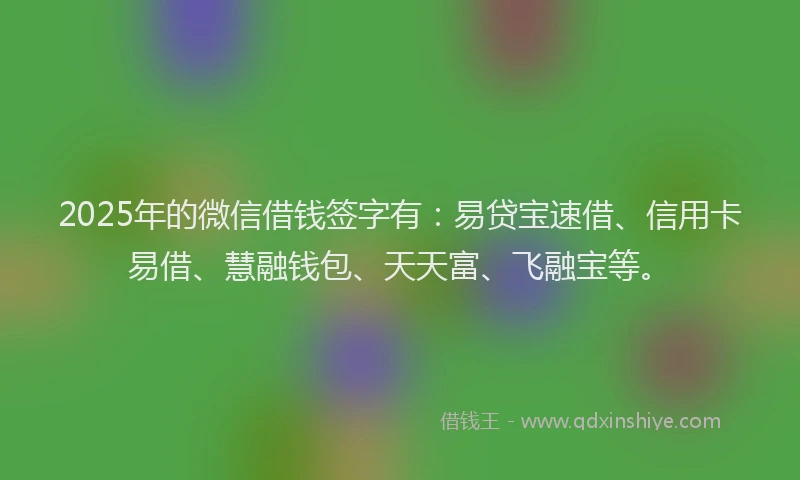 2025年的微信借钱签字有：易贷宝速借、信用卡易借、慧融钱包、天天富、飞融宝等。
