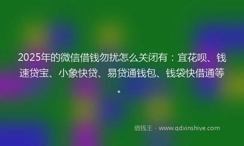2025年的微信借钱勿扰怎么关闭有：宜花呗、钱速贷宝、小象快贷、易贷通钱包、钱袋快借通等。