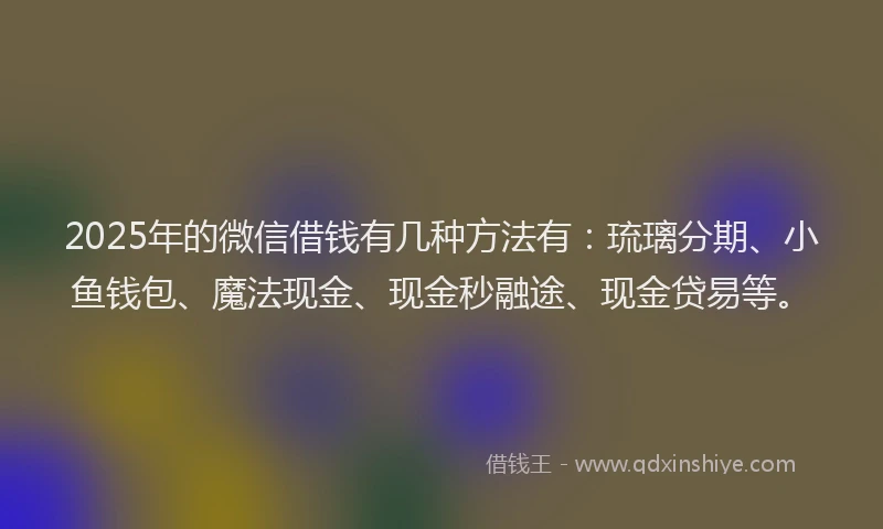 2025年的微信借钱有几种方法有：琉璃分期、小鱼钱包、魔法现金、现金秒融途、现金贷易等。