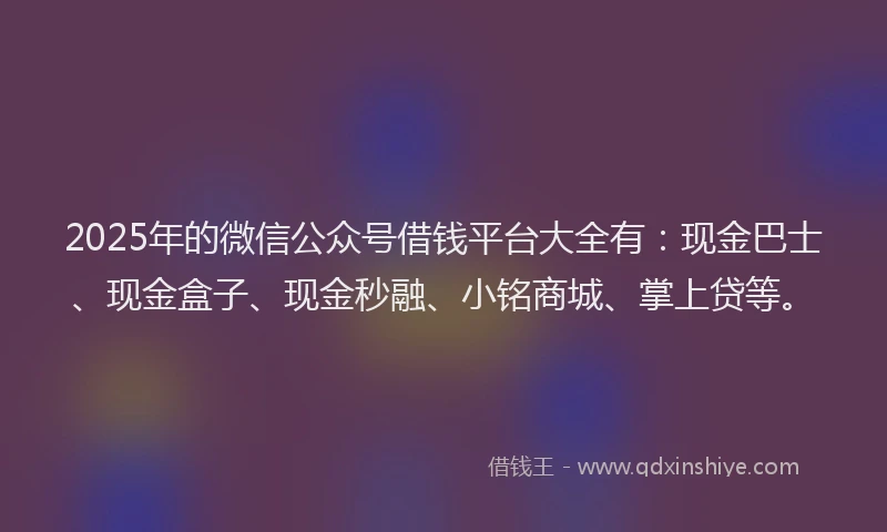 2025年的微信公众号借钱平台大全有：现金巴士、现金盒子、现金秒融、小铭商城、掌上贷等。