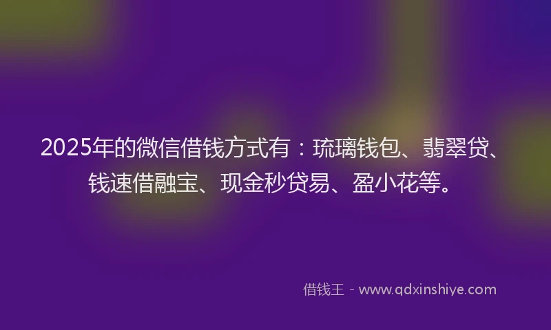 2025年的微信借钱方式有：琉璃钱包、翡翠贷、钱速借融宝、现金秒贷易、盈小花等。