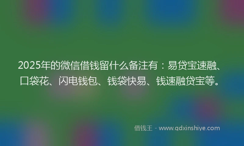 2025年的微信借钱留什么备注有：易贷宝速融、口袋花、闪电钱包、钱袋快易、钱速融贷宝等。