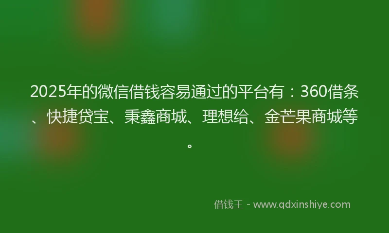 2025年的微信借钱容易通过的平台有：360借条、快捷贷宝、秉鑫商城、理想给、金芒果商城等。