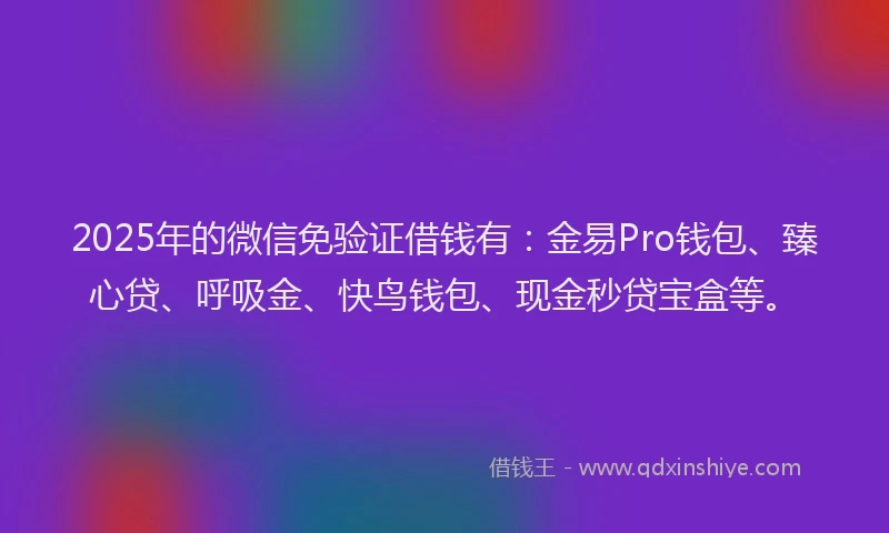 2025年的微信免验证借钱有：金易Pro钱包、臻心贷、呼吸金、快鸟钱包、现金秒贷宝盒等。