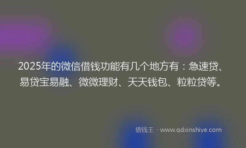 2025年的微信借钱功能有几个地方有：急速贷、易贷宝易融、微微理财、天天钱包、粒粒贷等。