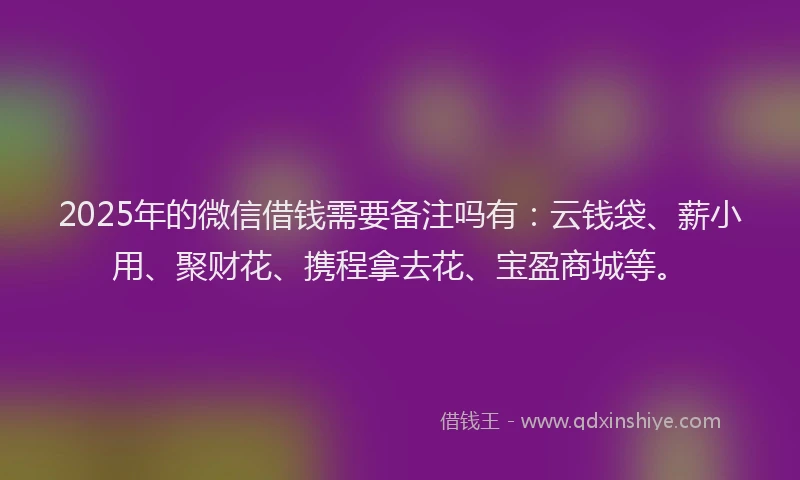 2025年的微信借钱需要备注吗有：云钱袋、薪小用、聚财花、携程拿去花、宝盈商城等。