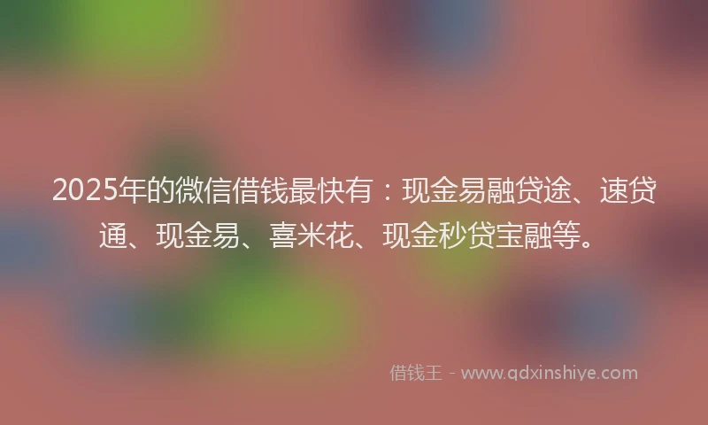2025年的微信借钱最快有:现金易融贷途、速贷通、现金易、喜米花、现金秒贷宝融等。