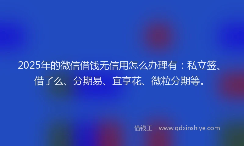 2025年的微信借钱无信用怎么办理有：私立签、借了么、分期易、宜享花、微粒分期等。