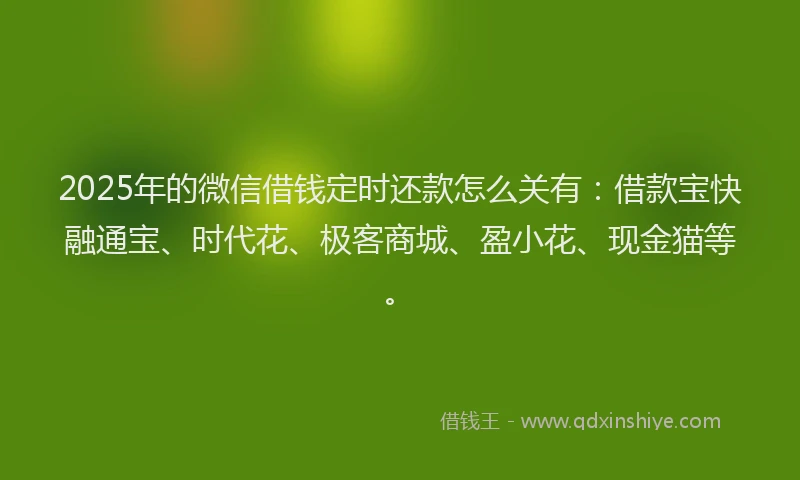 2025年的微信借钱定时还款怎么关有：借款宝快融通宝、时代花、极客商城、盈小花、现金猫等。